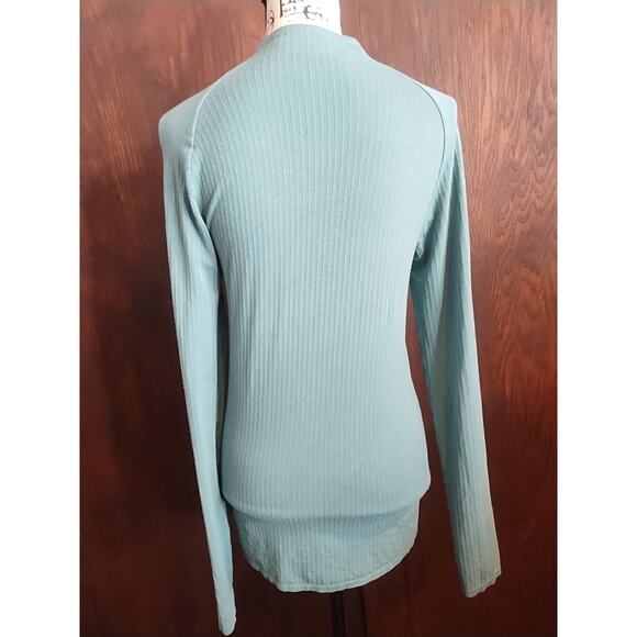 Anthropologie top Mock Neck Ribbed Long Line Tall Medium Green Blue Base layer - Picture 3 of 4